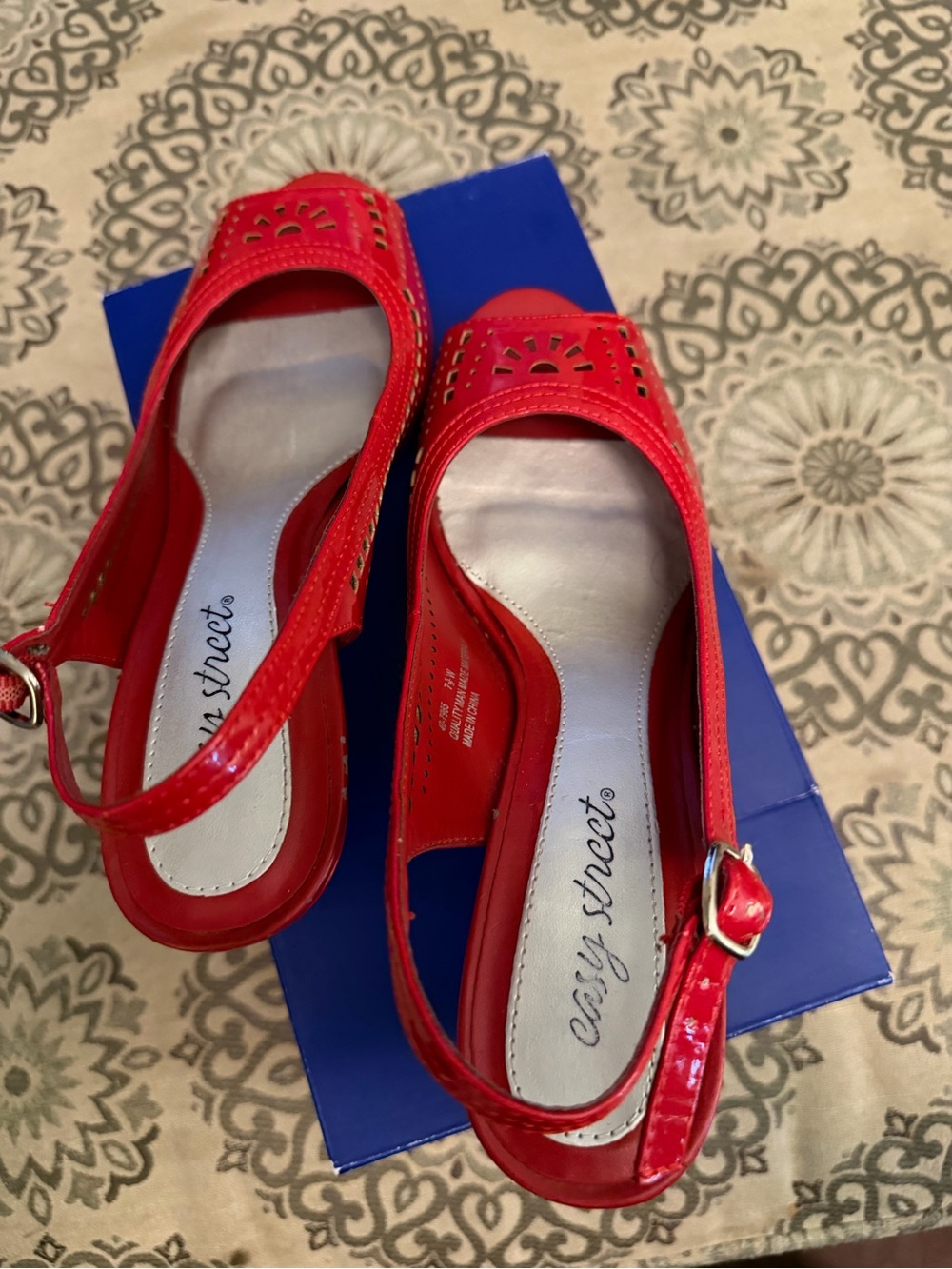 easy street Red Laser-Cut Patent Peep-Toe Slingback Heels - Picture 4 of 4
